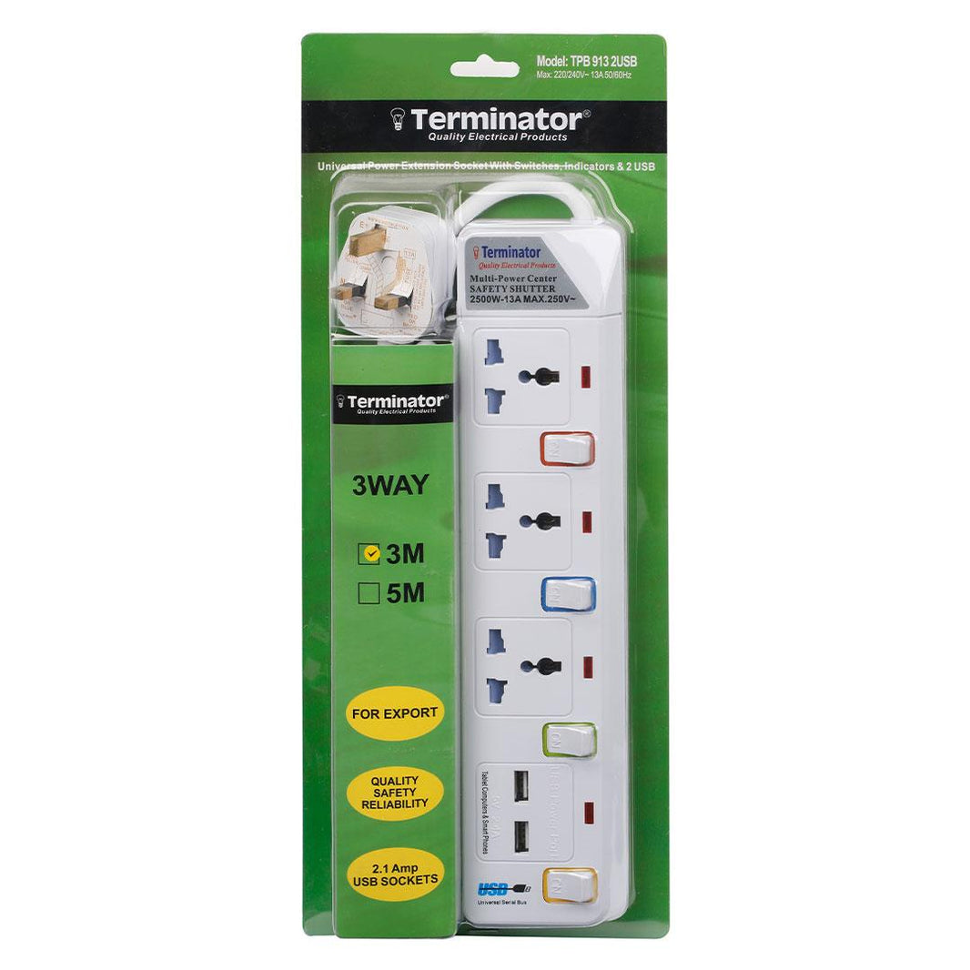 Terminator Extension Socket 3Way 3M #Tpb913 2Usb