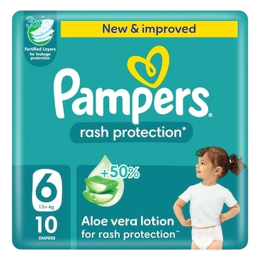 Pampers Rash Protection Taped Diapers, Size 6, 13+kg, 10 Pieces