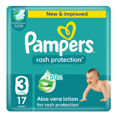 Pampers Rash Protection Baby Diapers with Aloe Vera Lotion, Size 3, 6-10kg,17 Pieces