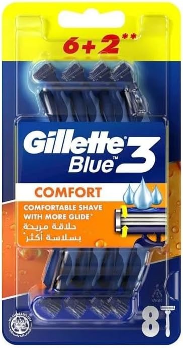 Gillette Blue Comfort 3 Blade Shaving Razors with Comfort Gel, 8 Pieces