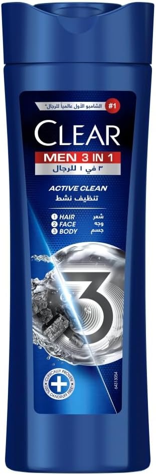 Clear Men 3-in-1 Active Cool Shampoo for Hair, Body & Face, 400ml