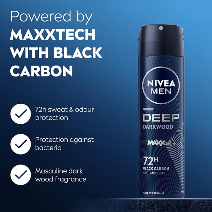Nivea Men Antiperspirant Deep Black Carbon Dark Wood Scent Deodorant Spray, 150ml