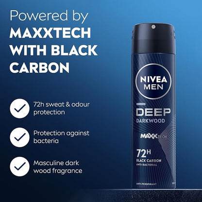 Nivea Men Antiperspirant Deep Black Carbon Dark Wood Scent Deodorant Spray, 150ml