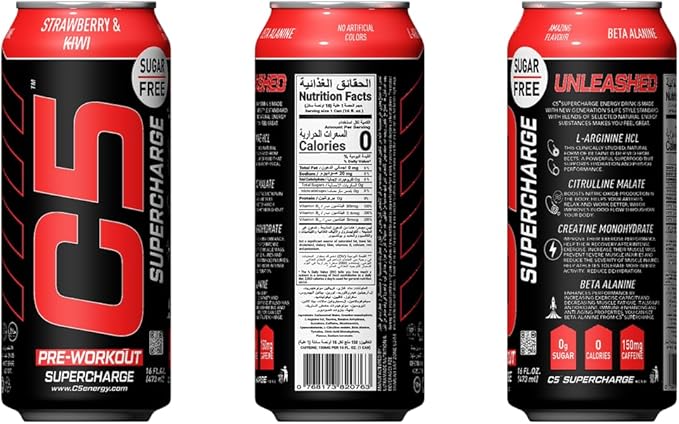 C5 Supercharge Pre-Workout Drink - Strawberry & Kiwi Flavor, 473ml