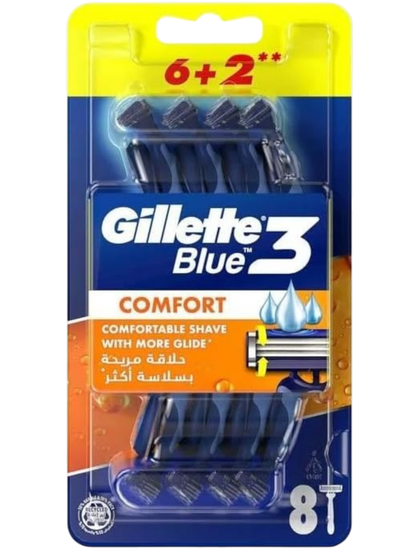 Gillette Blue Comfort 3 Blade Shaving Razors with Comfort Gel, 8 Pieces