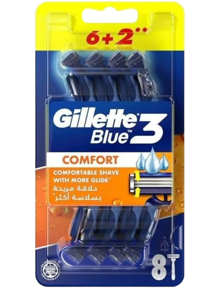 Gillette Blue Comfort 3 Blade Shaving Razors with Comfort Gel, 8 Pieces