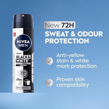 Nivea Men Black & White Spray Deodorant 72H, 150ml