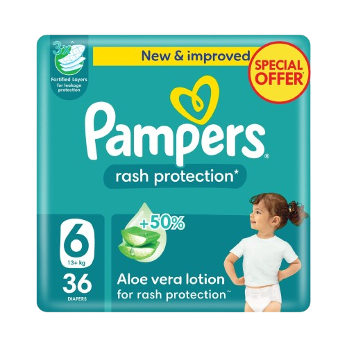 Pampers Rash Protection Baby Diapers with Aloe Vera Lotion Size 6 (13+kg), 36 Pieces