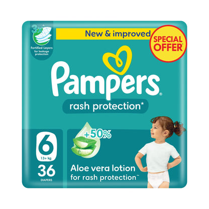 Pampers Rash Protection Baby Diapers with Aloe Vera Lotion Size 6 (13+kg), 36 Pieces