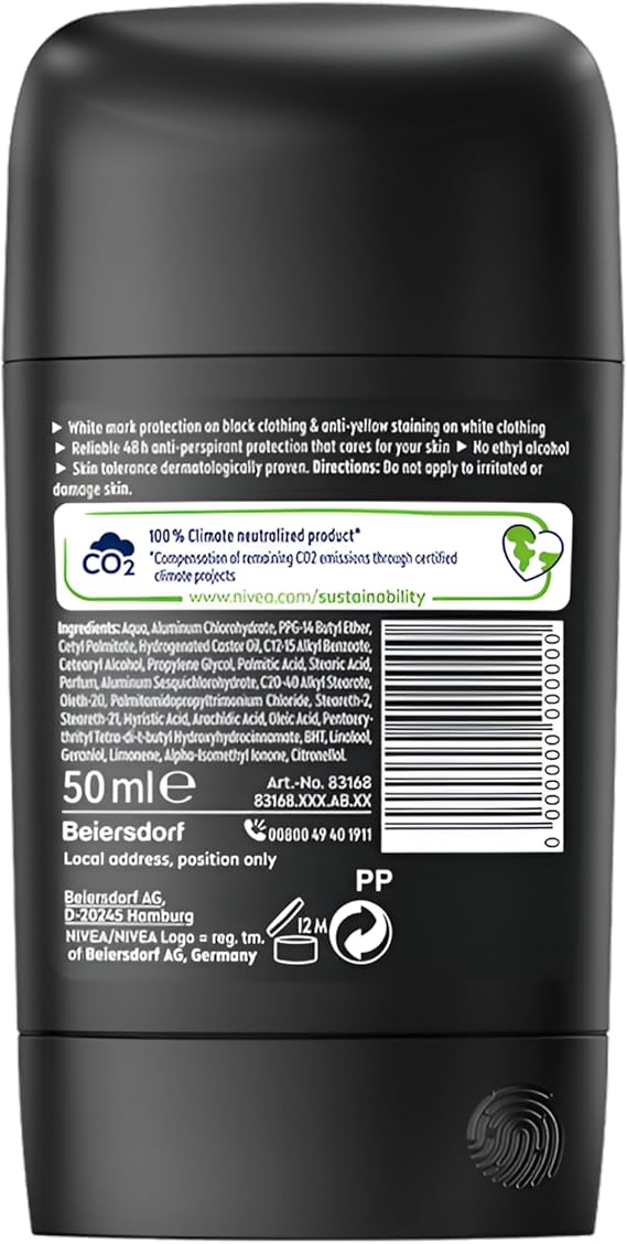NIVEA Men Black & White Invisible 3in1 Original 48H Antiperspirant Deodorant Stick, 50ml