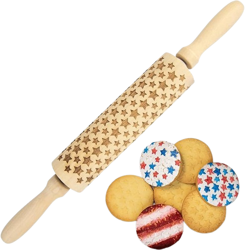 Premium Wooden Rolling Pin with Stars Embossed Design, 13.7 Inch, Ideal for Stars Baking, Durable Cookie Stamp Tool for Pastry