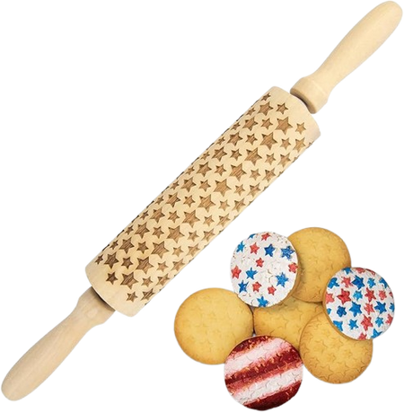 Premium Wooden Rolling Pin with Stars Embossed Design, 13.7 Inch, Ideal for Stars Baking, Durable Cookie Stamp Tool for Pastry