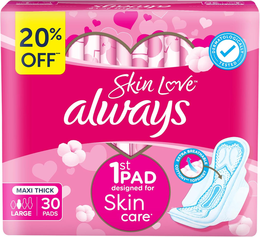 Always Skin Love Maxi Thick Sanitary Pads with Wings Large, 6x30 Pads