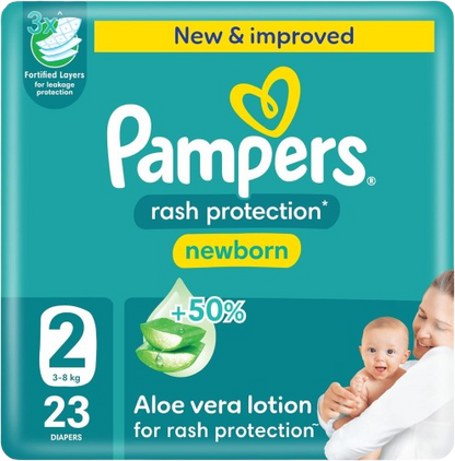 Pampers Rash Protection Newborn Diapers with Aloe Vera Lotion Size 2 (3-8kg), 23 Pieces