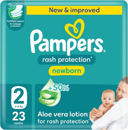 Pampers Rash Protection Newborn Diapers with Aloe Vera Lotion Size 2 (3-8kg), 23 Pieces