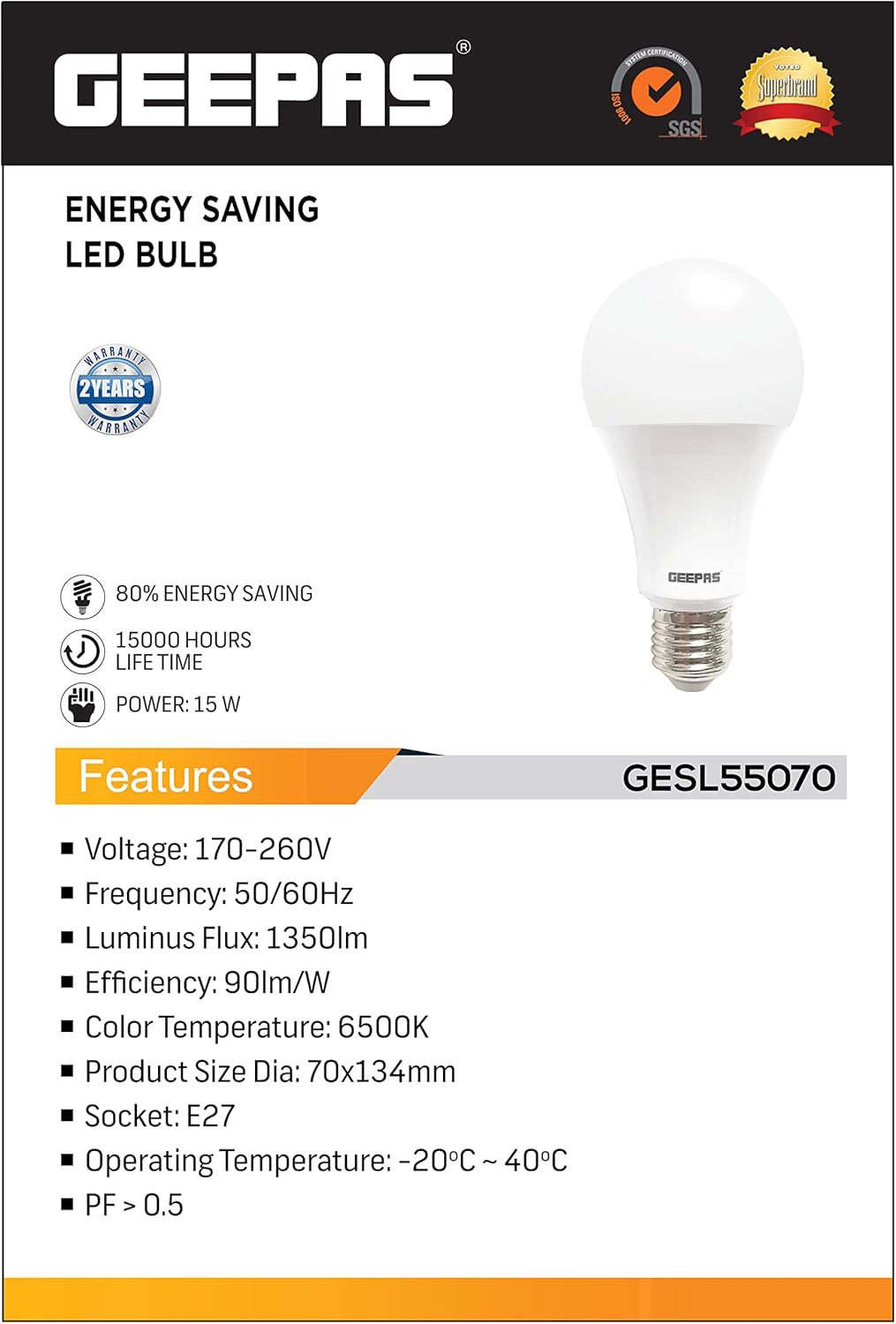 Geepas Energy Saving Led Bulb, 15 Watts