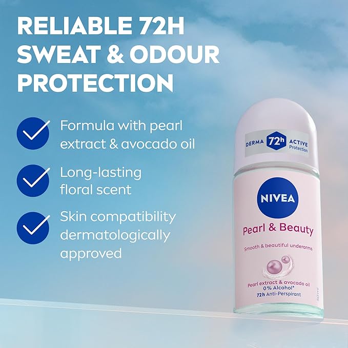 NIVEA Pearl & Beauty Antiperspirant Roll-On Deodorant for Women, 50ml