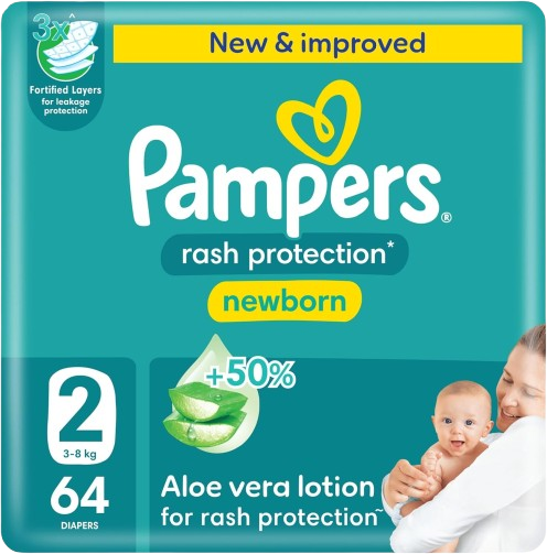 Pampers Rash Protection Taped Diapers, Size 2, 3-8kg, Jumbo Pack, 64 Pieces
