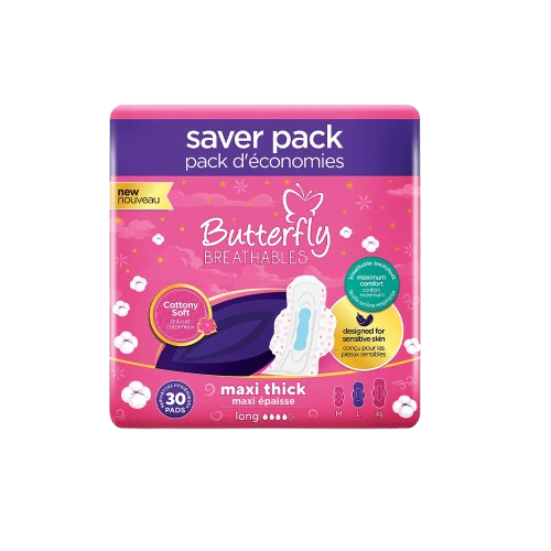 Butterfly Breathables Smooth & Dry Maxi Thick Long Diapers, 30 Pieces
