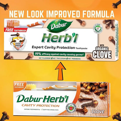 Dabur Herbal Cavity Protection Clove Toothpaste, 150g + Toothbrush