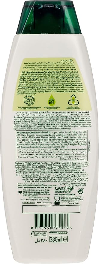 Palmolive Anti-Dandruff and Anti-Fall Shampoo for Fragile and Falling Hair, 100% Natural Ingredients, Green Tea Shampoo 380ml