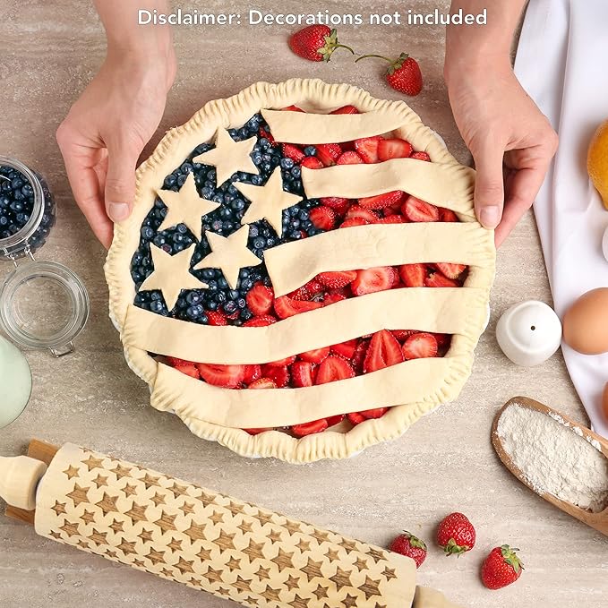Premium Wooden Rolling Pin with Stars Embossed Design, 13.7 Inch, Ideal for Stars Baking, Durable Cookie Stamp Tool for Pastry