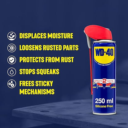 WD-40 Multi-Use Product Smart Straw 250ml Aerosol Can, All-Purpose Lubricant, Cleans Rust, for Home & Workshop Use