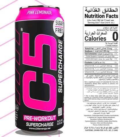 C5 Supercharge Pre-Workout Drink Pink Lemonade Flavor, 473ml