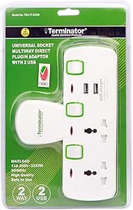 Terminator 2 Way Universal T Socket with 2USB Individual Switch And Indicator