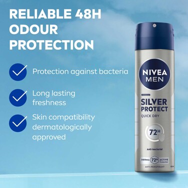 NIVEA Men Silver Protect 48H Antibacterial & Antiperspirant Deodorant Spray, 150ml