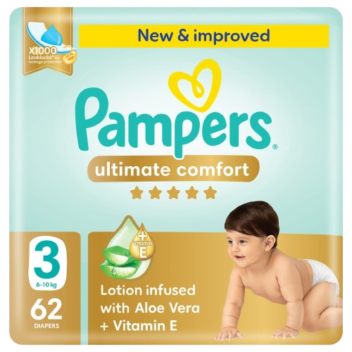 Pampers Ultimate Comfort Taped Diapers Mega Pack, Size 3, 6-10kg, 62 Pieces