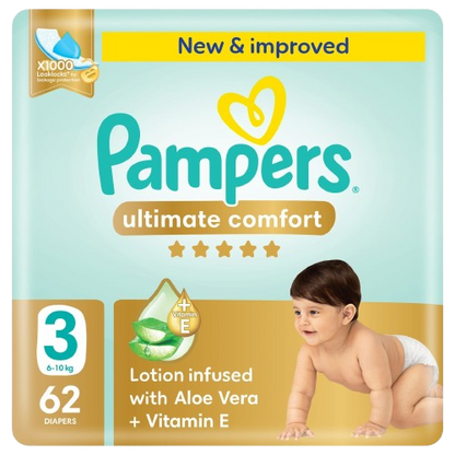 Pampers Ultimate Comfort Taped Diapers Mega Pack, Size 3, 6-10kg, 62 Pieces