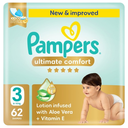 Pampers Ultimate Comfort Taped Diapers Mega Pack, Size 3, 6-10kg, 62 Pieces