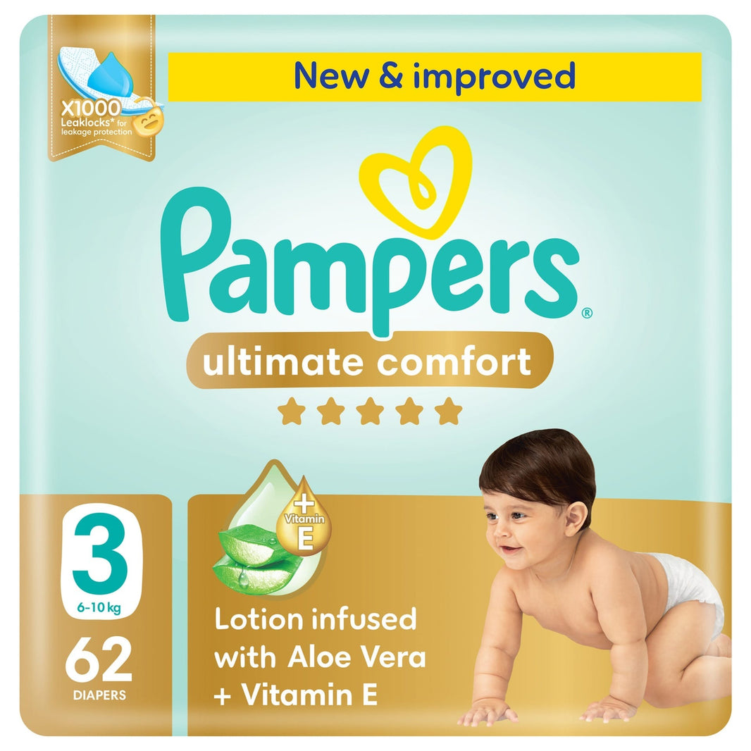 Pampers Ultimate Comfort Taped Diapers Mega Pack, Size 3, 6-10kg, 62 Pieces