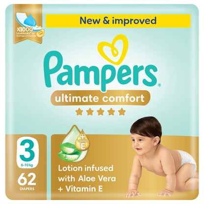 Pampers Ultimate Comfort Taped Diapers Mega Pack, Size 3, 6-10kg, 62 Pieces
