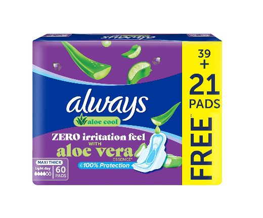 Always Cool & Dry, Maxi Thick, Large Sanitary Pads with Wings, 60 Pieces