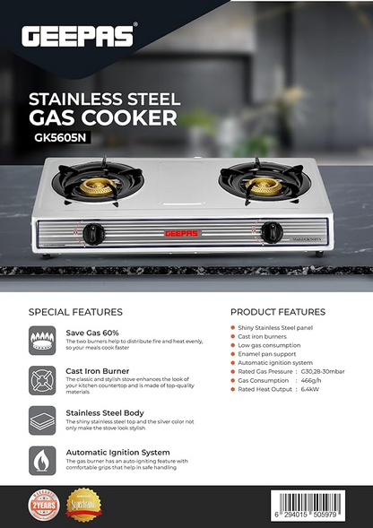 GEEPAS SS GAS COOKER 2-BURNER GK5605N