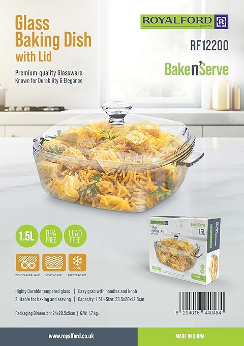 ROYAL GLASS BAKING DISH W/LD 12200