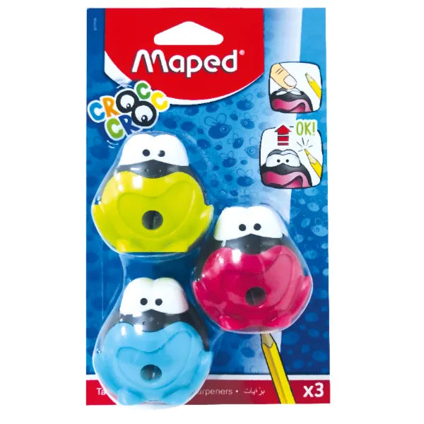 Maped Multicolor Croc Croc Frog One Hole Pencil Sharpener Pack, 3 Pieces