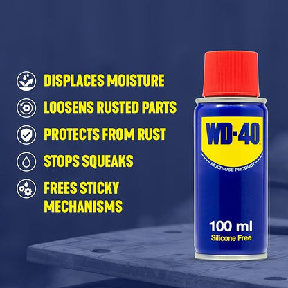 WD-40 Multi-Use Product -100ml Spray, Aerosol Can All-Purpose Lubricant, Cleans Rust, for Home , Workshop Use
