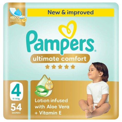 Pampers Ultimate Comfort Taped Baby Diapers, Size 4, 9-14kg, 54 Pieces