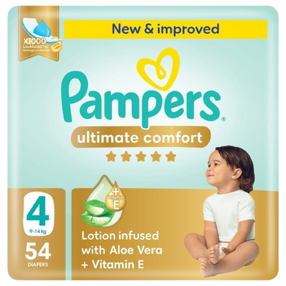 Pampers Ultimate Comfort Taped Baby Diapers, Size 4, 9-14kg, 54 Pieces