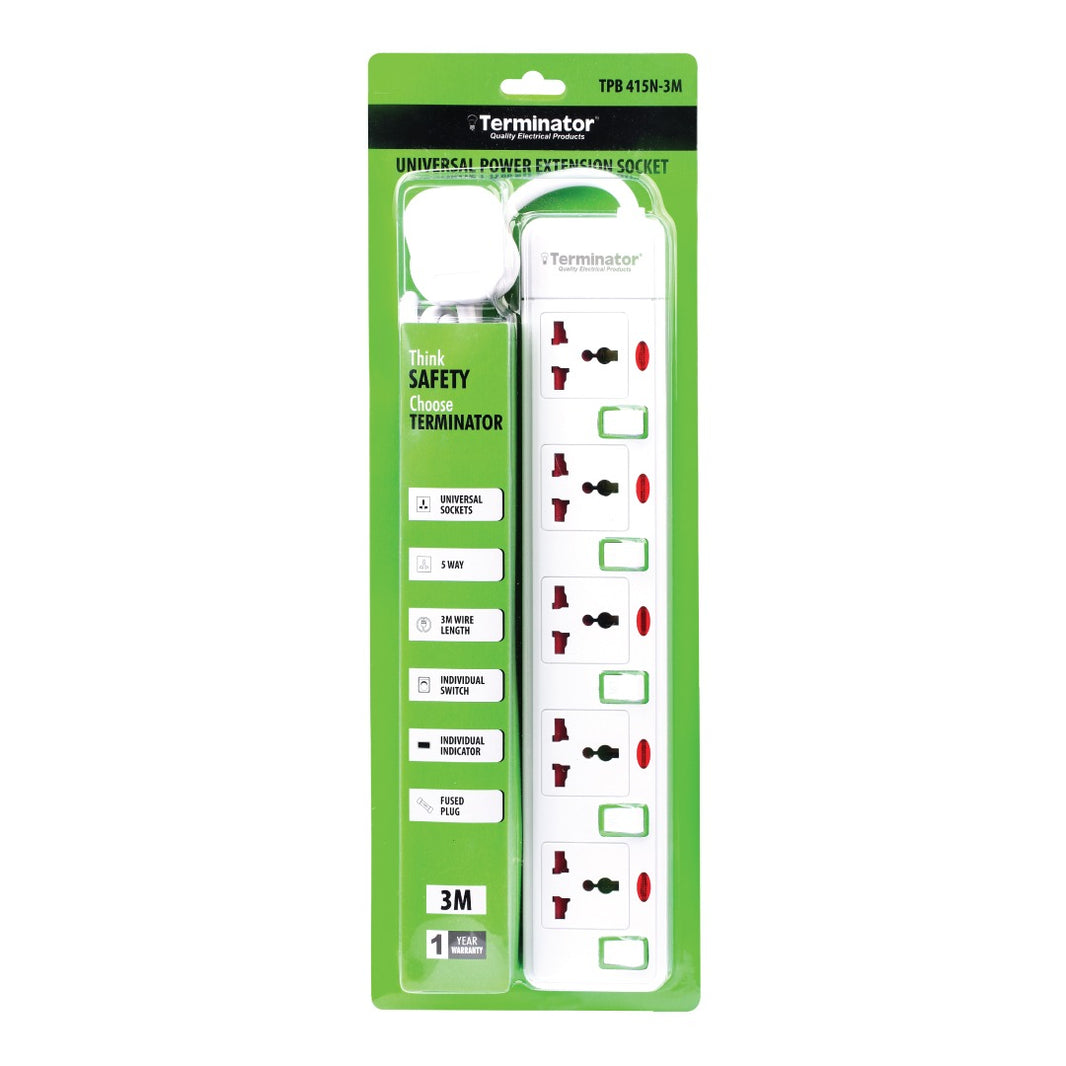 Terminator 13 Amp 5 Way Uni Extension with Switch - TPB 415N, 3m