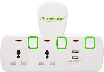 Terminator 2 Way Universal T Socket with 2USB Individual Switch And Indicator