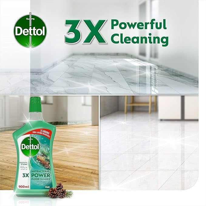 Dettol Antibacterial 3X Power Pine Liquid Floor Cleaner, 2x900ml