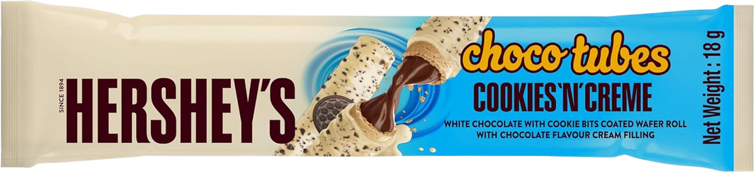 Hershey's Choco Tubes Cookies N Creme Wafer Roll with White Chocolate & Cookie Bits, 18g