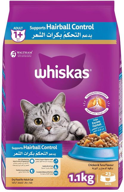 Whiskas Chicken & Tuna Hairball Control Dry Cat Food Bag, 1.1kg