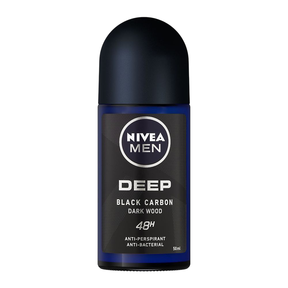 Nivea Deep Black Carbon Antibacterial Dark Wood Scent Antiperspirant Deodorant Roll-On for Men, 50ml