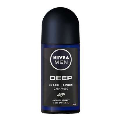 Nivea Deep Black Carbon Antibacterial Dark Wood Scent Antiperspirant Deodorant Roll-On for Men, 50ml