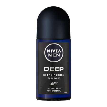 Nivea Deep Black Carbon Antibacterial Dark Wood Scent Antiperspirant Deodorant Roll-On for Men, 50ml